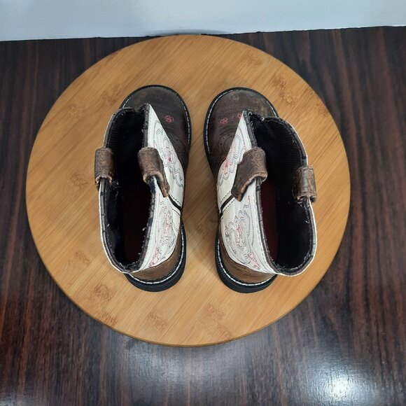 Justin Gypsy Girls Size 12 Boots Cream Brown Leather Pull On Western Cowgirl - Picture 9 of 10